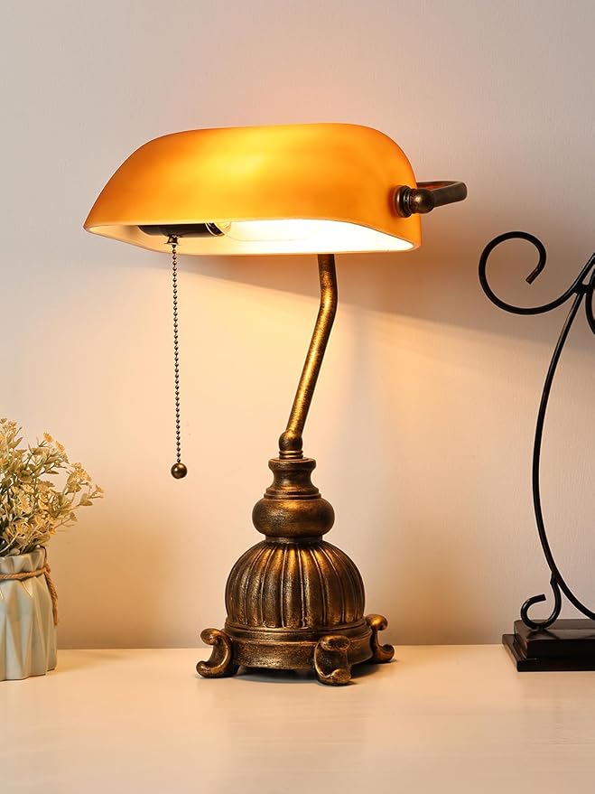 Retro Amber Glass Bankers Desk Lamp with Pull Chain Switch for Home Office, Library, Plug in Fixture, LED Bulb Included