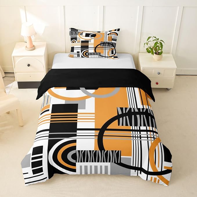 Erosebridal Art Deco Mid Century Duvet Cover Set Retro Modern Abstract Geometric Twin Bedding Sets for Girls Young Boys Black and White Yellow Circles Stripes Comforter Cover Contemporary Bed Set
