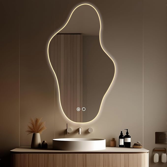 Modern Irregular LED Bathroom Mirror with Lights, Asymmetrical Frameless Smart Lighted Wall Mirror for Living Room Entryway, Large Decorative Makeup Vanity Mirror with Touch Switch(29.2″x51.2″)