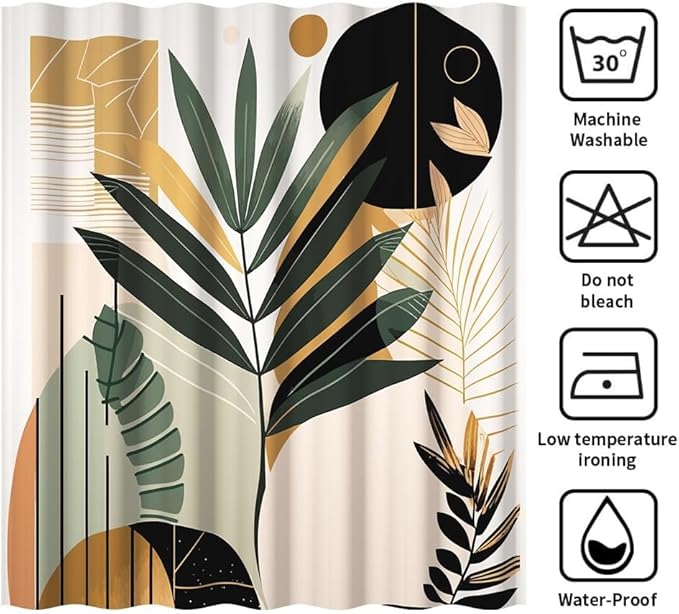 Boho Mid Century Shower Curtain for Bathroom Modern Abstract Minimalist Neutral Bathroom Decor Arch Sun Leaves Chic Aesthetic Bath Curtains Washable Waterproof Polyester Fabric with Hooks 72x84 Inch
