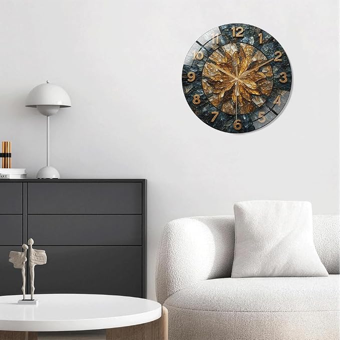 16 Inch Leaf Mosaic Glass Wall Clock Silent Modern Art Decor | Silent glossy wall clock with a vintage crushed stone mosaic design, tracking time perfectly for your living room