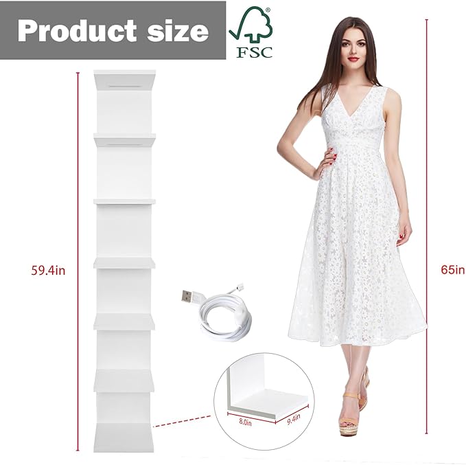 7-Tier Wall Shelf with 10 RGB Lighting Modes, White Wall Mounted Vertical Display Floating Shelf for Home Decor Bedroom Vanity