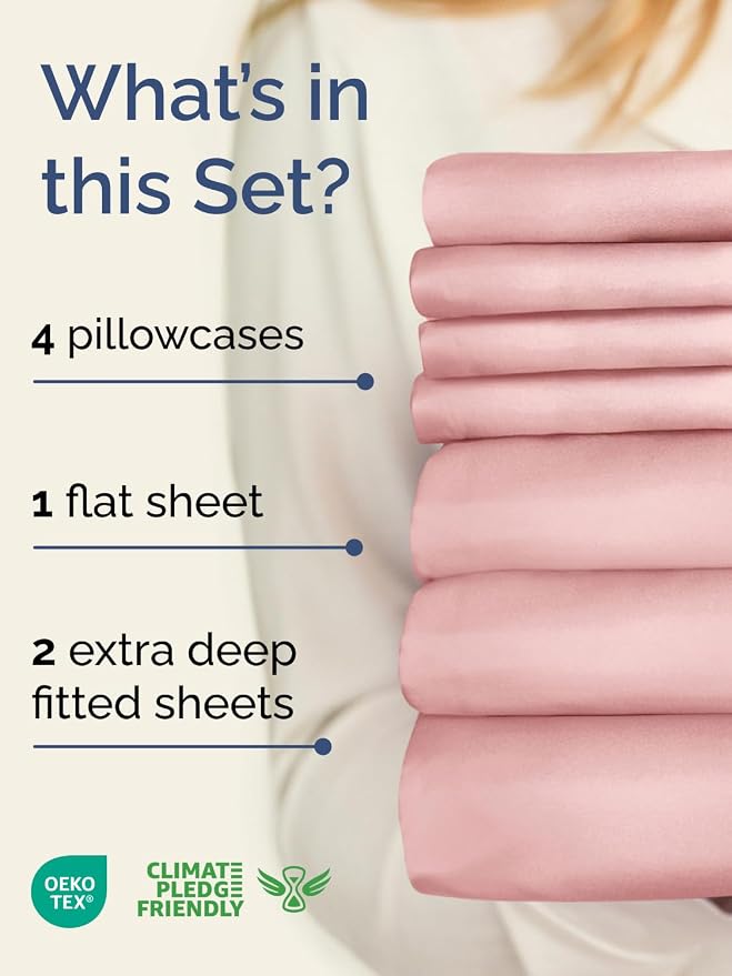 Extra Deep Split King Sheet Set - 7 Piece Breathable and Cooling Sheets - Hotel Luxury Bedding for Women, Men, Kids & Teens - Easy Secure Fit - Soft and Wrinkle Free - Extra Deep Pockets - Baby Pink