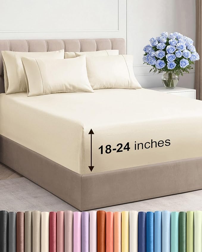 Extra Deep Full Sheet Set - 6 Piece Breathable and Cooling Sheets - Hotel Luxury Bedding for Women, Men, Kids & Teens - Easy Secure Fit - Soft, Wrinkle Free and Comfy - Extra Deep Pockets - Off White
