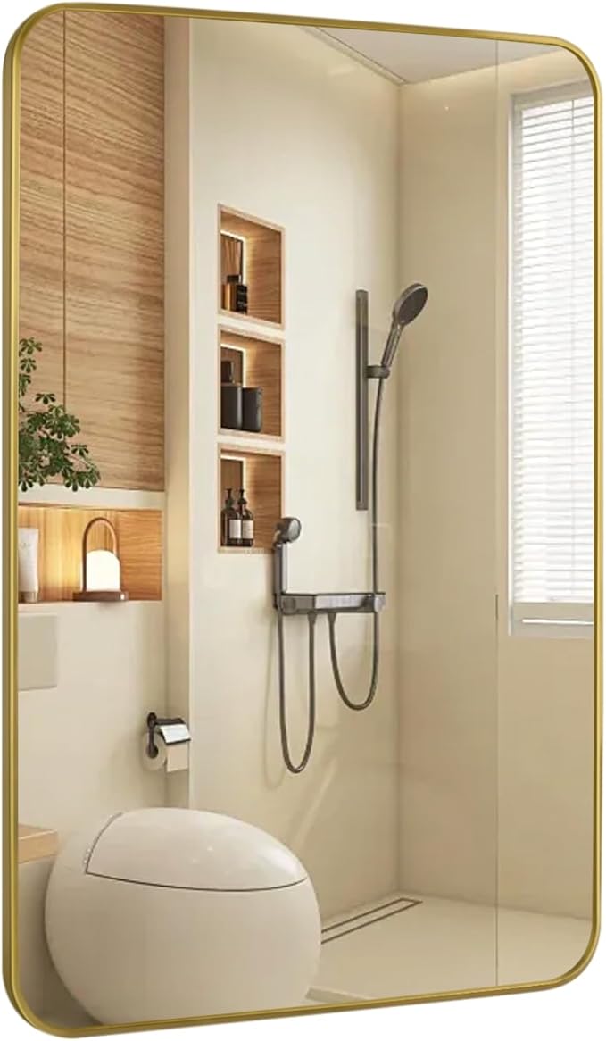 Gold Mirror Bathroom 20X30 Inch Stainless Steel Metal Frame Brushed Gold Mirrors for Wall Vanity Mirror Rounded Rectangle Mirror Rustproof 1’’ Deep Wall Mounted Hangs Vertically or Horizontally