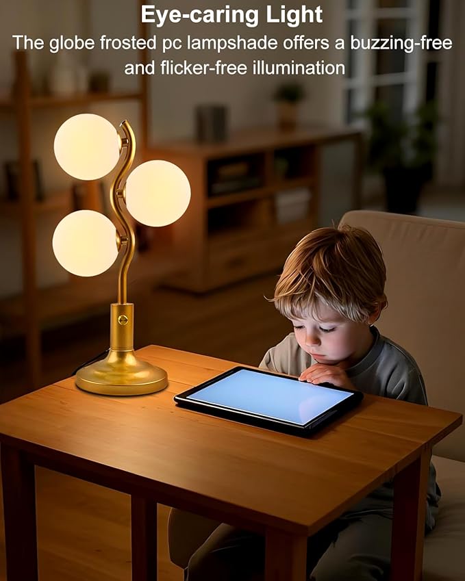 Lightdot Mid Century Globe Table Lamp Dimmable Modern 3 Lights Gold Desk Lamp 3000K Warmwhite Bedside Table Lamp for Bedroom Living Room Study Room(G9 Bulbs Included)