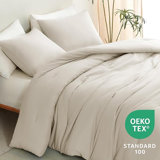 CozyLux Full Size Comforter Set Oatmeal, 3 Pieces Lightweight Down Alternative Quilted Bedding Sets, All Season Soft Breathable Solid Comforter with 2 Pillowcases, Luxury Bed Set Gift for Home