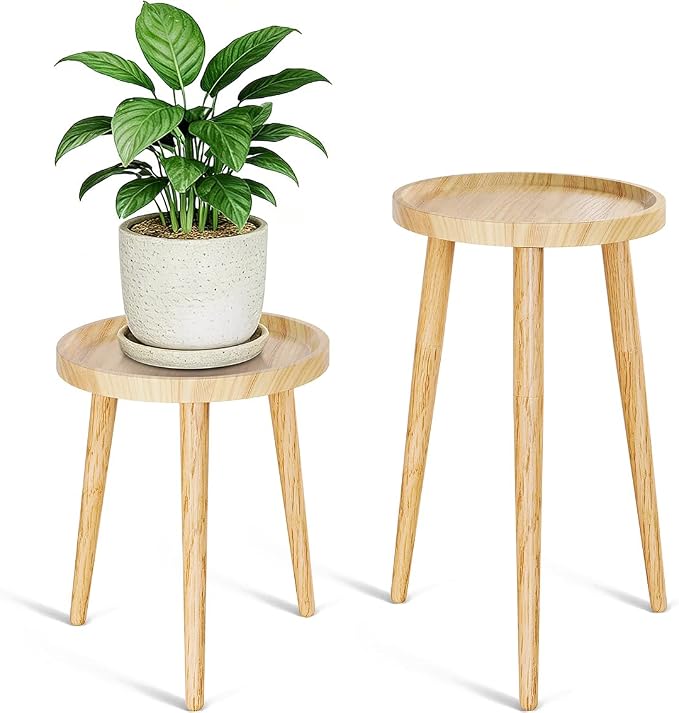 Plant Stand Indoor 2 Pack, Wood Mid Century Indoor Plant Stand, Tall Plant Stands for Flower Pot, Round Plant Table Side End Table With Raised Design, Natural, 11.7"x18.8" & 11.7"x13"