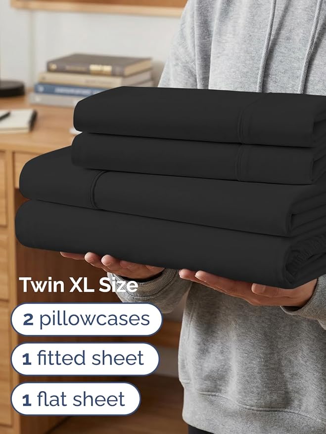 Extra Deep Twin XL Sheet Set - 4 Piece College Dorm Bed Sheets Set with Extra Deep Pockets - Ultra-Soft, Comfy & Breathable Bedding for Women, Men, Kids & Teens - Wrinkle Free & Fade Resistant - Black