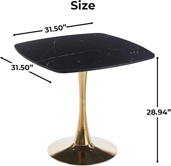 31.5" Square Tulip Table, Mid Century Modern Dining Table for 4, Black Gold Tulip Bistro Table with Metal Pedestal for Kitchen & Small Spaces