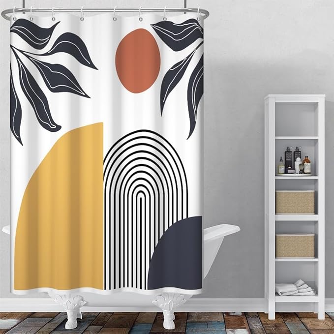 Bohemian Shower Curtain for Bathroom Modern Abstract Minimalist Bathroom Decor Mid Century Arch Sun Leaf Aesthetic Bathtub Curtains Machine Washable Waterproof Polyester Fabric with Hooks 48x72 Inch