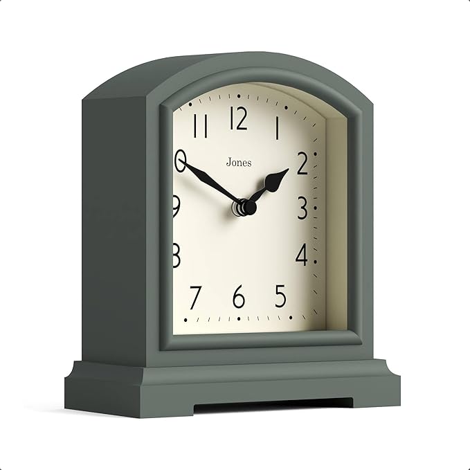 JONES CLOCKS® Tavern Mantel Clock | Modern Arch top Design | Asparagus Green | Contemporary Classic Style for Desk, Table, Shelf or Bedside