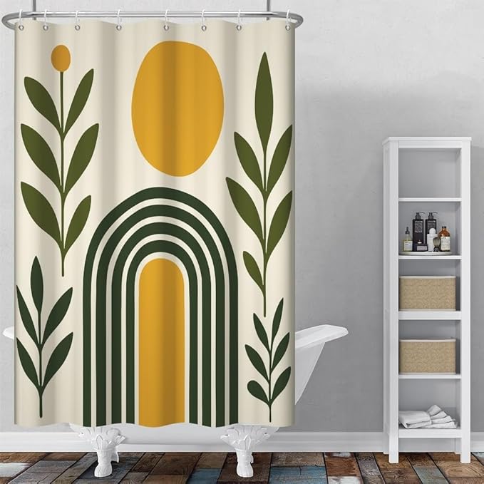 Modern Boho Shower Curtain for Bathroom Abstract Minimalist Bathroom Decor Set Green Leaves Arch Sun Bathtub Curtains Machine Washable Waterproof Polyester Fabric with Hooks 36x72 Inch