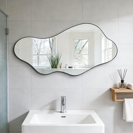 Irregular Wall Mirror, 40"x18" Asymmetrical Bathroom Mirrors with Metal Frame, Odd Shaped Mirror Decorative, Modern Abstract Mirrors for Living Room Bedroom Hallway Entryway Fireplace