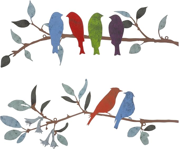 Demissle 2 Pcs Metal Birds Wall Art Decor Vivid Birds on Branch with Leaves Rustic Wall Decor Waterproof Metal Sculpture Hanging Sign for Home Balcony Garden Indoor Outdoor(Bright Colors)