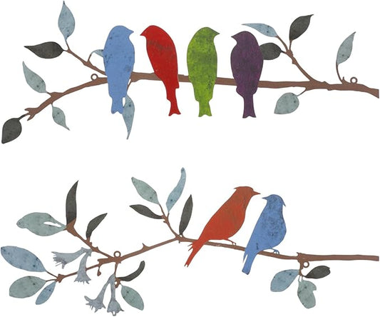 Demissle 2 Pcs Metal Birds Wall Art Decor Vivid Birds on Branch with Leaves Rustic Wall Decor Waterproof Metal Sculpture Hanging Sign for Home Balcony Garden Indoor Outdoor(Bright Colors)