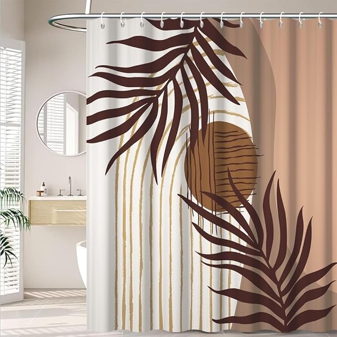 Modern Bohemia Shower Curtain for Bathroom Brown Abstract Minimalist Bathroom Set Decor Stripes Arch Sun Palm Leaves Chic Aesthetic Washable Waterproof Polyester Fabric with Hooks 69x70 Inch