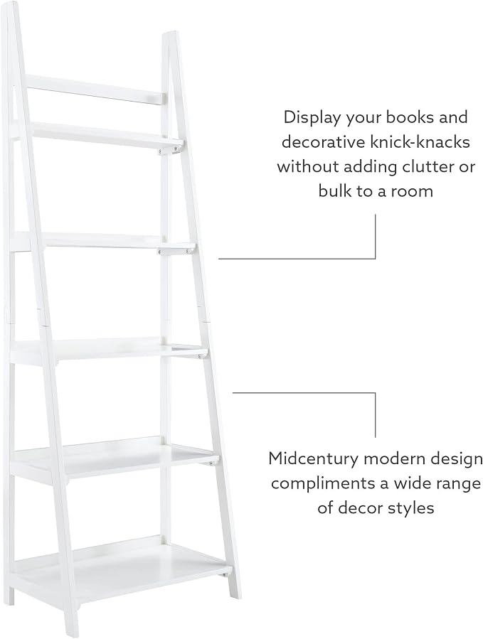 Melissa White Mid Century Five Shelf Ladder Bookcase by Linon