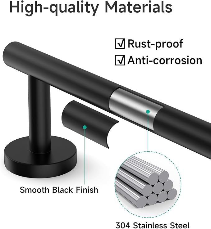 USHOWER Matte Black Towel Bar, 14-Inch Towel Rack for Bathroom Wall Mounted, Thicken SUS304 Stainless Steel Towel Rod Modern Home Decor (Total Length 16-Inch)