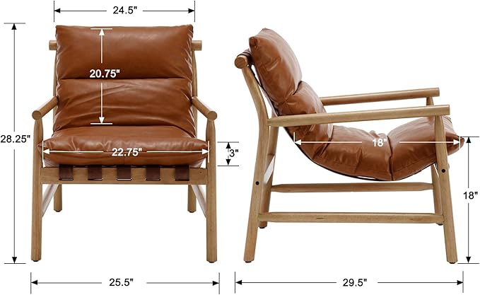 Faux Leather Accent Chair Mid Century Modern Living Room Chairs Comfy Arm Chair with Solid Wood Frame Upholstered Lounge Reading Chair Cozy Recliner for Guest Room/Bedroom, Brown, 7533AC