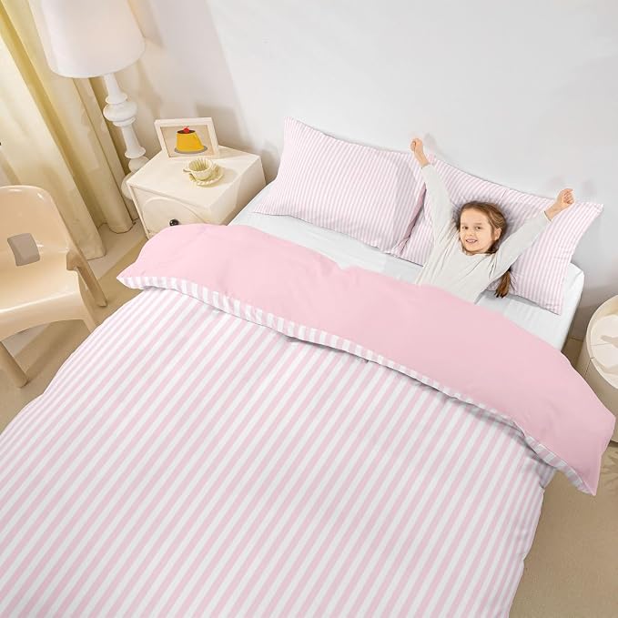 Erosebridal Pink White Stripe Bedding Set Queen Geometric Striped Duvet Cover for Kids Teens Farmhouse Ticking Stripes Comforter Cover Horizontal Stripes Modern Abstract Bed Set with Zipper