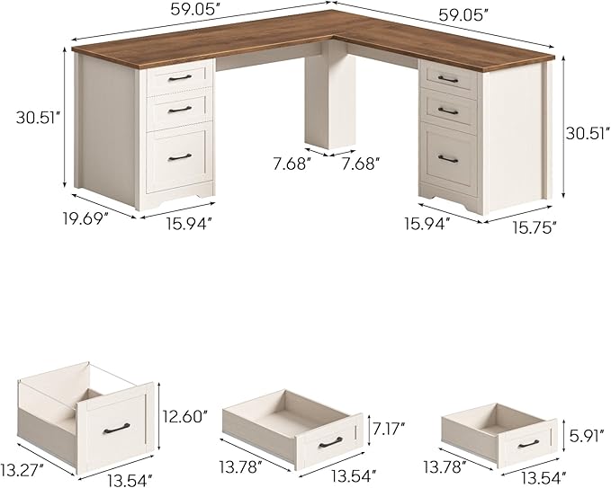 Vabches Farmhouse 59" L-Shaped Executive Desk with 2 File Drawers 4 Storage Drawers, Wood Corner Computer Desk Sturdy Writing Workstation with 6 Drawers, Computer Writing Desk for Home Office，White