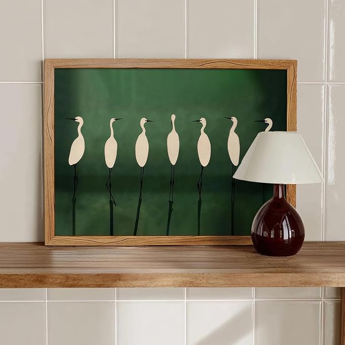 Japanese Cranes Wall Art 12x16 inch Framed Retro Bird Animal Canvas Poster Nature Minimalist Green Home Prints for Living Room Bedroom Office Decor