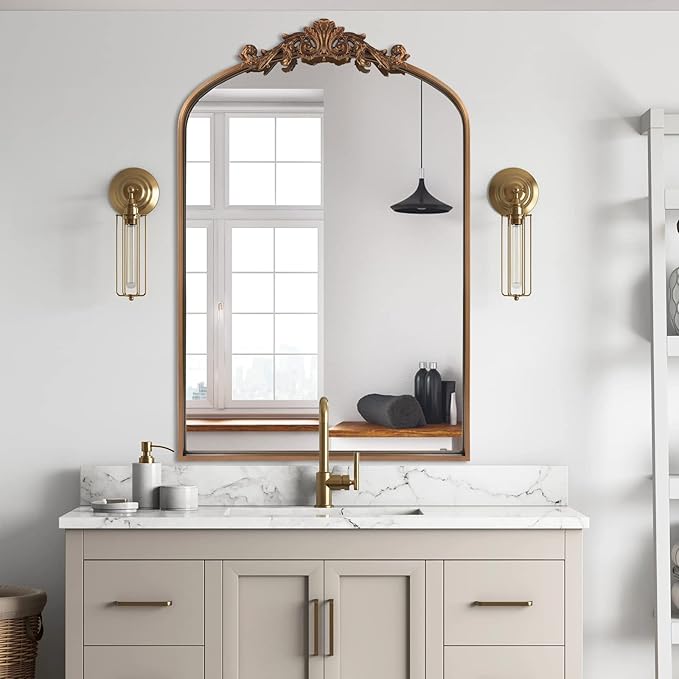 Gold Brass Mirror for Wall,Gold Traditional Vintage Ornate Baroque Mirrors,Victorian Antique Bronze Mirrors with Full Matel Frame,Arched Mirror for Entryway/Bathroom/Fireplace 24"X36"