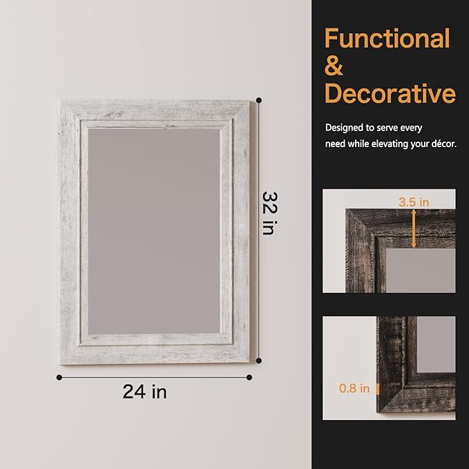 Rustic Wall-Mounted Vanity Mirror, Solid Wood Frame Bathroom Mirror, Farmhouse Style for Living Room, Bedroom, Entryway, Horizontal/Vertical Hanging