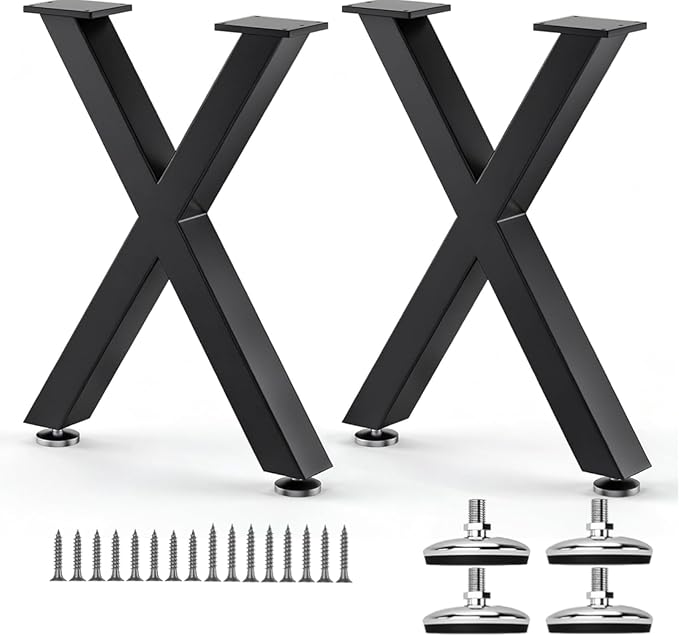 Coffee Table Legs 16H x 11.7W Heavy Duty Metal Bench Legs, X- Shape Dining Table Kitchen Table Office Desk Table Base Replacement with Adjustable Feet Pads Screws 1000 LBS Load Black Set of 2