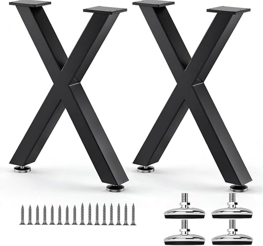Coffee Table Legs 16H x 11.7W Heavy Duty Metal Bench Legs, X- Shape Dining Table Kitchen Table Office Desk Table Base Replacement with Adjustable Feet Pads Screws 1000 LBS Load Black Set of 2