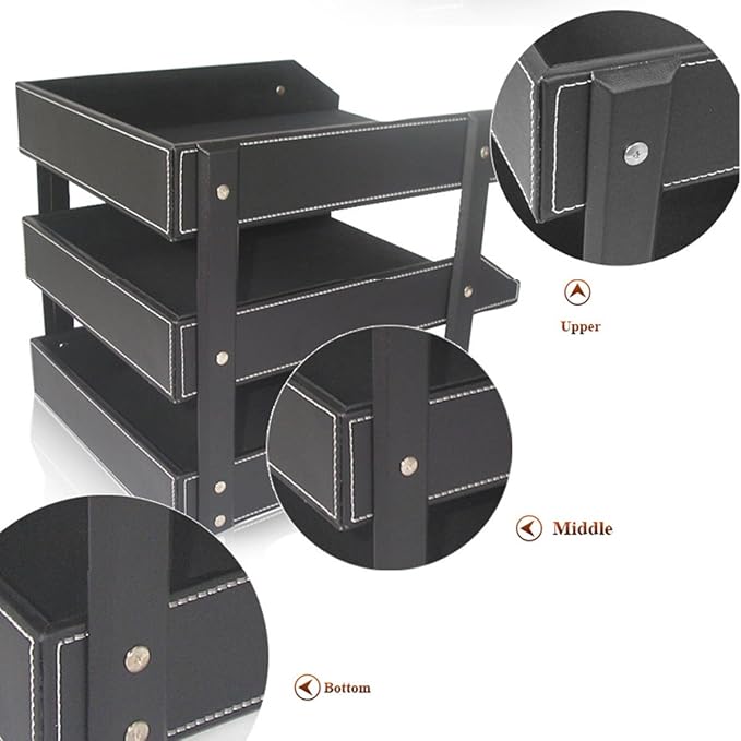 KINGFOM Letter Tray, Leather Paper Organizer Tray, Wooden Desk File Holder, Desktop File, Stackable Magazine Holder, Mail Sorter, Great for Home or Office - 3 Level Brown