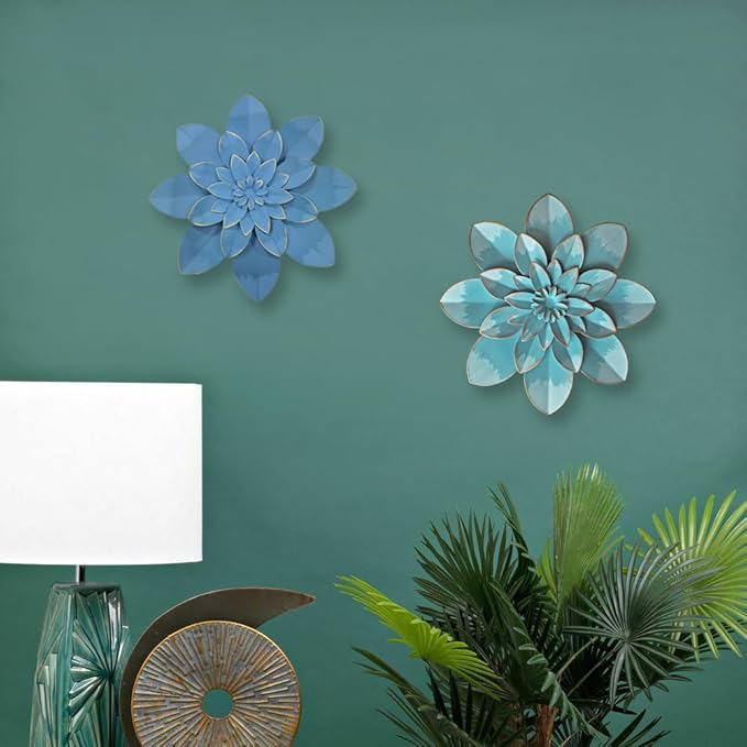 Ocean Blue Metal Flower Wall Art Decor, 9.5“ Rustic Modern Floral Sculpture, Distressed Hanging Home Decoration Accent Artworks for Indoor Bedroom Living Room Office Outdoor Garden Patio