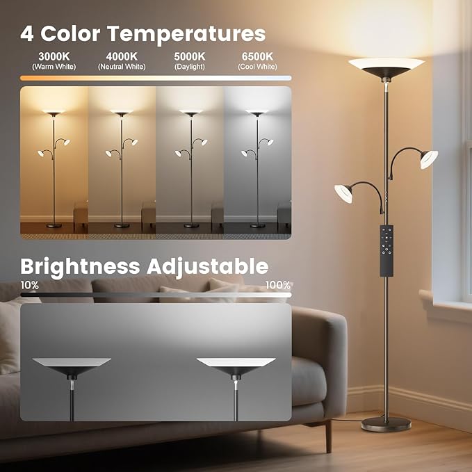 SIBRILLE 3 Way Torchiere Floor Lamp - 42W Dimmable LED Tree Standing Lamp with Remote, 2300LM, Color Changing, 72" Tall Bright Floor Lamp for Living Room Bedroom Office