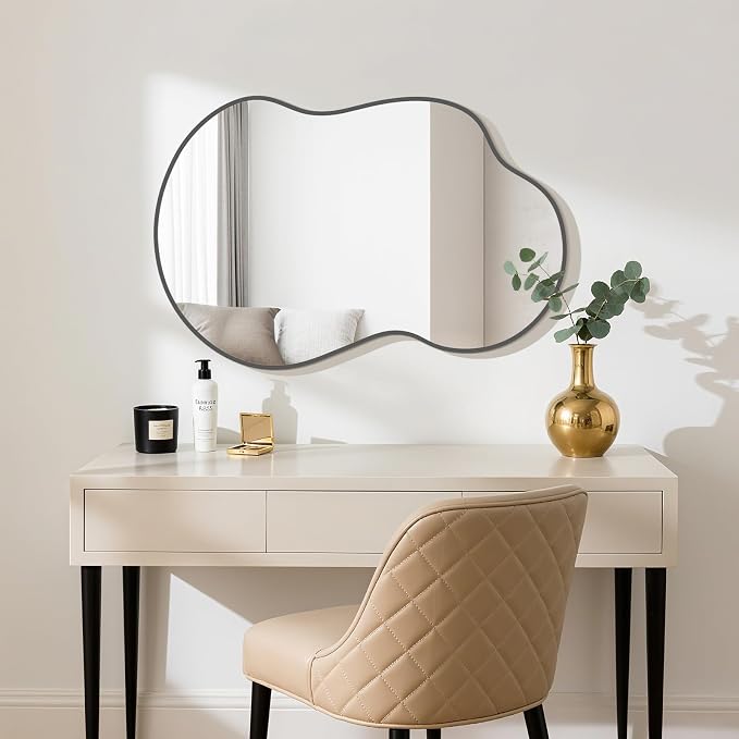 HOMECOOKIN 36" H x 24" W Irregular Wall Mirror, Asymmetrical Decorative Mirror with Black Aluminum Frame, Wavy Abstract Black Mirror, for Living Room, Bedroom, Bathroom, Entryway, Cloakroom