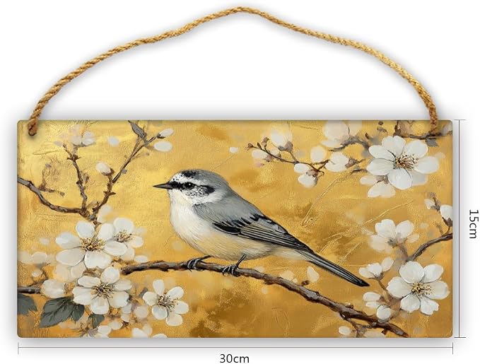 Opulent Retro Bird & Floral Wooden Wall Art, Luxe Home Decors for Vintage Admirers, 12x6 Inch Wood Sign for a Bold Bedroom Statement