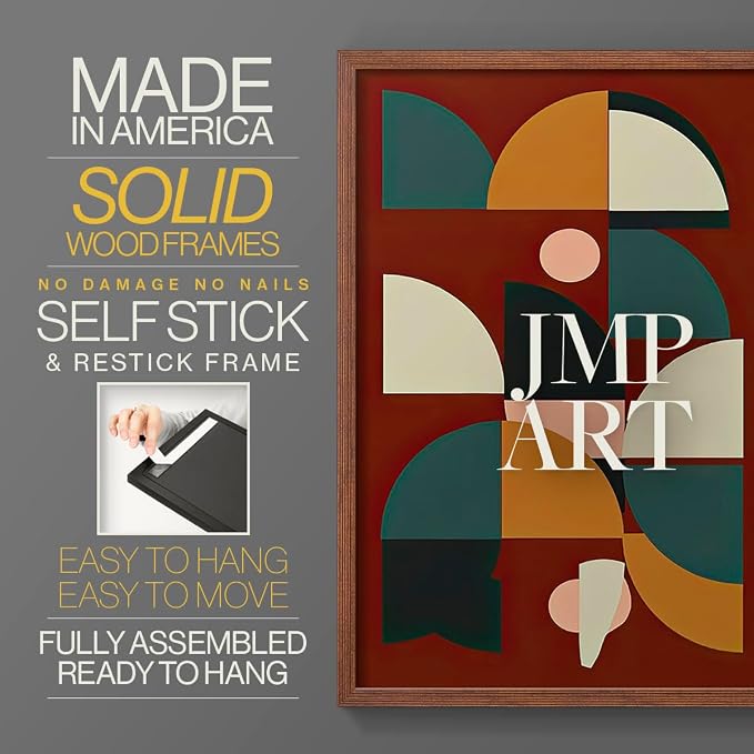 Renditions Gallery Set of 2 Peel & Stick Framed Prints, Mid Century Abstract Wall Art, Modern Geometric Shapes Wall Decor, Re-Stickable - Ready to Hang - 22"x28" - Walnut Frame LT588