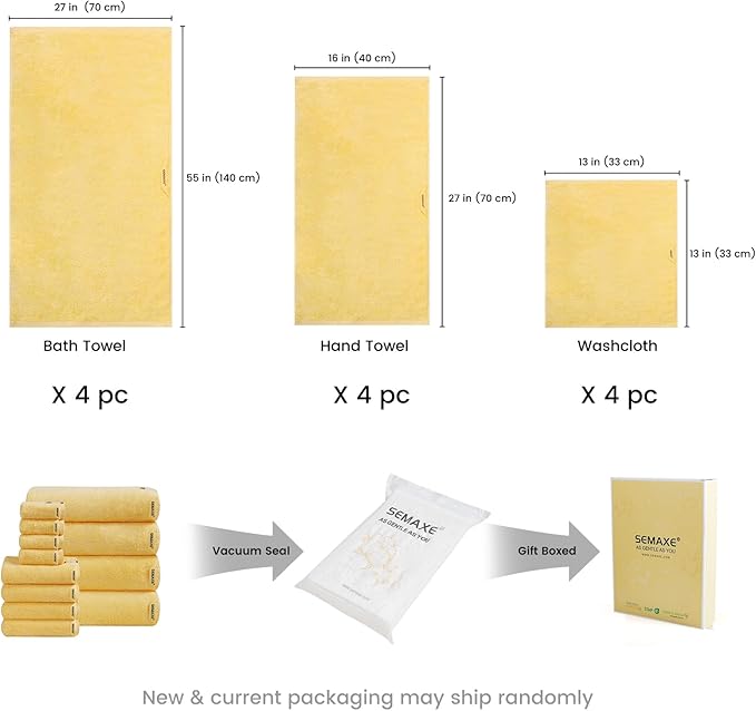 SEMAXE 12-Piece Family Bathroom Towel Set - 100% Cotton, 4 Bath Towels, 4 Hand Towels, 4 Washcloths, Ultra-Soft and Super Absorbent, Lighter Weight