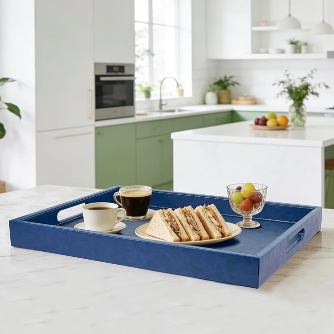 20 * 14 inches Leather Rectangle Serving Tray with Hole Handles,High-End Light Large Service Tray for Ottoman Tray, Tea, Food, Butler - Countertop, Kitchen,Family Dinner, Picnic (Blue)