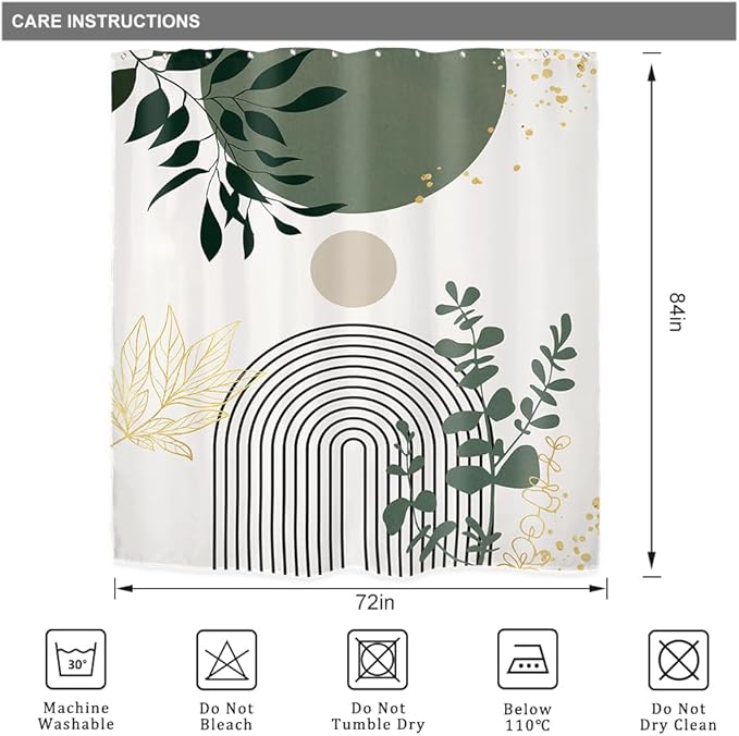 Riyidecor Extra Long Shower Curtain for Bathroom Decor 72Wx84H Sage Green Boho Mid Century Modern Abstract Gold Leaves Minimalist Geometric Art Printed Fabric Polyester Waterproof 12 Pack Plastic Hook