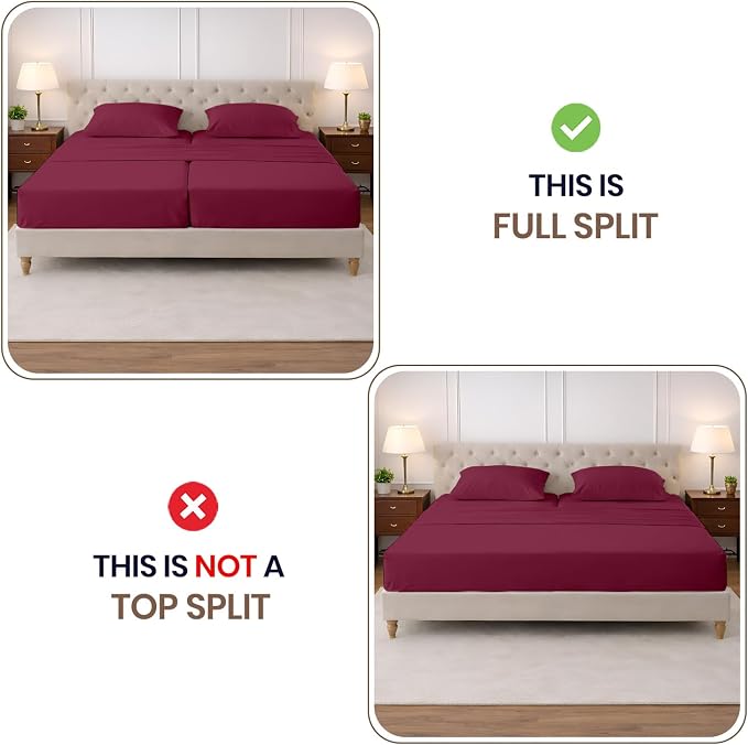 SGI Split King Sheet Set for Adjustable Bed Egyptian Premium Cotton 600 Thread Count Sheets for Sleep Number Bed 15" Deep Pocket 5 Pc Set with 2 Twin XL Fitted Sheets Soft Breathable -Burgundy