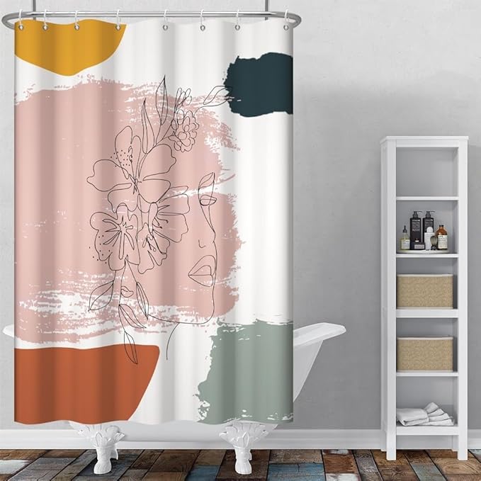 Boho Abstract Line Art Shower Curtain Modern Minimalist Bathroom Decor Floral Woman Face Abstract Color Block Chic Aesthetic Bathtub Curtains Washable Waterproof Polyester Fabric with Hooks 48x72 Inch