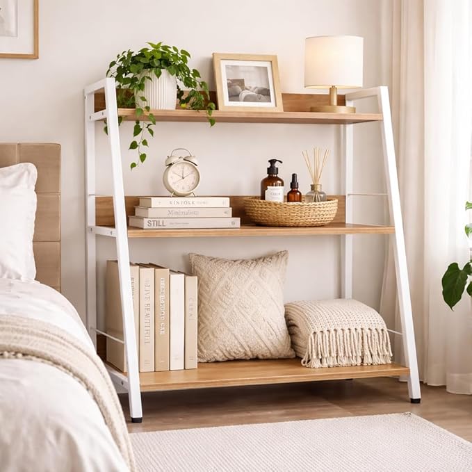Ladder Shelf, 3 Tier Bookshelf, Small Bookshelf for Small Spaces, Wood and Metal Bookcase, Ladder Bookshelf, Modern Storage Shelf for Living Room and Office (White, Ladder)