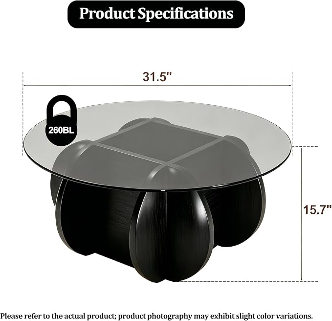 Black Coffee Table, 31.5" Round Glass Coffee Table for Living Room Mid Century Modern Coffee Table Unique Circle Center Table with Wood Base