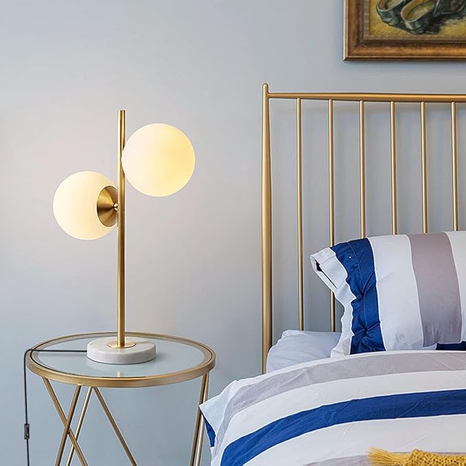 KCO Lighting Mid-Century Modern Table Lamp 2-Light Frosted Glass Globe Desk Lamp with Brushed Brass Finished Nightstand Bedside Lamp