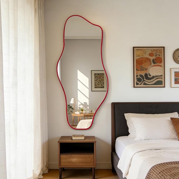 Large Irregular Wall Mirror, 63"x30" Red Asymmetrical Tempered Glass Mirror, Frameless Organic Shaped Mirrors for Entryway Hallway Bedroom Living Room, Horizontal or Vertical Hanging