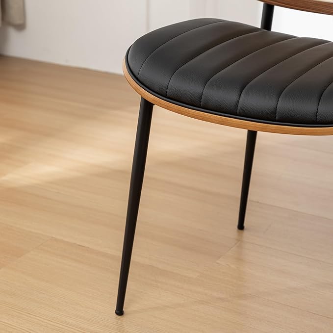 Rattan Dining Room Chairs Set of 2, Mid Century Modern Kitchen Ktichen Chairs,Faux Leather Walnut Wood Finish Side Chair, Metal Legs Desk Chair with Rattan Backrest,Black