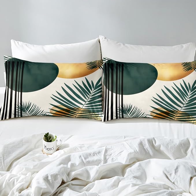 Feelyou Palm Leaf Duvet Cover Toddler Kids Modern Abstract Art Bedding Set Boys Girls Boho Bohemian Style Comforter Cover Set Exotic Floral Mid Century Geometric Bedspread Cover(No Comforter)