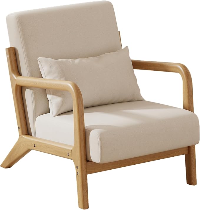 Solid Wood Accent Chair Mid-Century Modern Lounge Armchairs, Fabric Upholstered Soft Comfy Living Room Chairs with Armrest Waist Cushion Pillow for Office Reading Waiting Room (Off-White)
