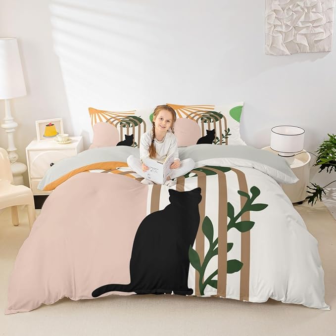 Erosebridal Boho Geometric Duvet Cover King Mid Century Abstract Minimalism Bedding Set Funny Cats Animals Comforter Cover for Kids Girls Boys Adults Tropical Palm Leaves Botanical Bed Set